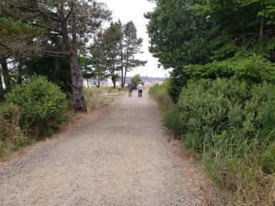 Steve and Kathy, on a trail at Exploding Whale Memorial Park, about 5 minutes from their house.
They took us out to show us some of the local areas where we might find some birds.
The legend/story is, a Sperm whale died on the beach (shore of the Siuslaw River) in 1970. The OR highway division used dynamite to blow up the whale, and smelly parts were spread a great distance.