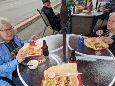Bill and Jackie had taken us here for fish tacos several years ago and we had very pleasant memories of how good they were. We were not disappointed on our return! Jackie got 3 and I was determined to eat as many as she did. Mary got 2, but she had some clam chowder on the side. Delicious!