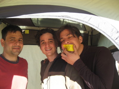 Alejandro, Samuel and Jorge in the shower tent