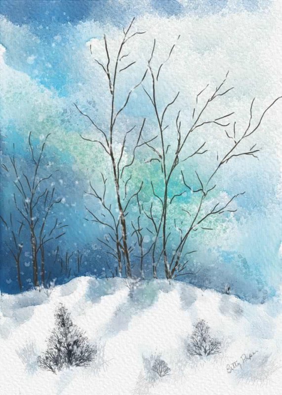 Shadows in the snow in watercolor
