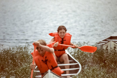 Greg Smith and Trey Katzer canoeing on land. Slower but safer