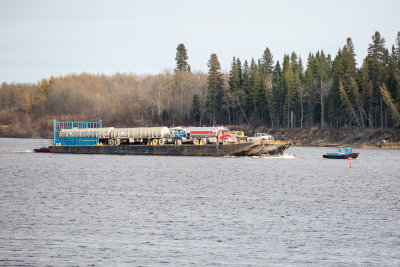 2018 October 24 Small tugs take a barge load of fuel to Moose Factory.