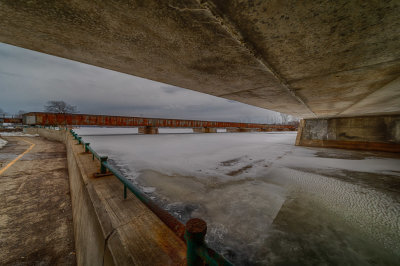 CPR train bridge and underside of the Wilbur C. Purcell Bridge