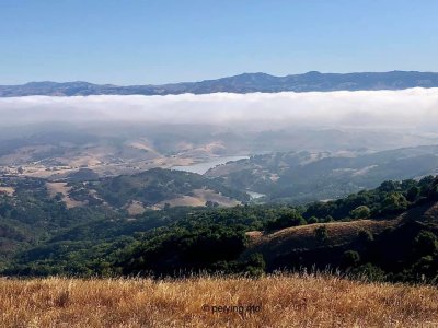 View of the Calero Reservoir in the shadow of the morning fog