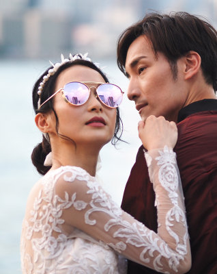 wedding gown fashion shoot, Victoria Harbour, Hong Kong Island