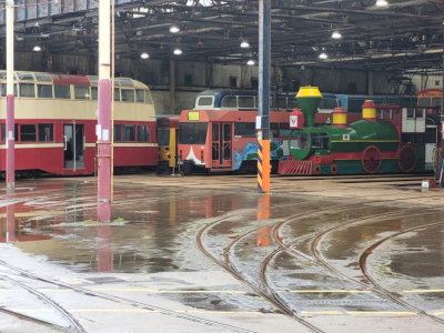 Black[pool Balloon 703 (1934) + Centenary 645) 1987) + Train 733 (1962) @ Tramtown Depot