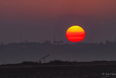 rising sun and oil rig