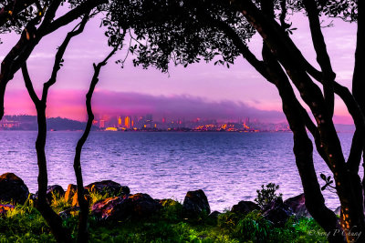 rising sun at the city of San Francisco