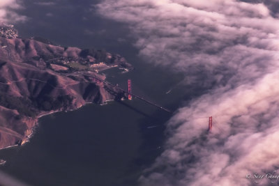 Golden Gate Bridge at sunset, aerial view