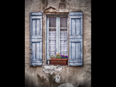Blue shutters and orange flowers