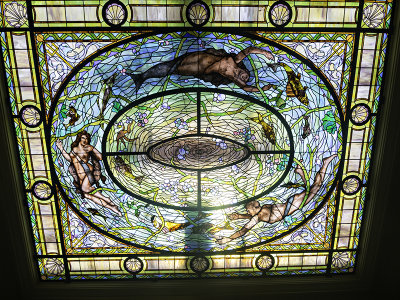 Decorated glass ceiling in mens bath hall