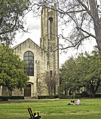 Lois Perkins chapel with students studying on the lawn