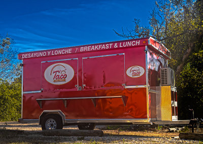 This Taco trailer sits near the Mystery food trailer. Manor, TX