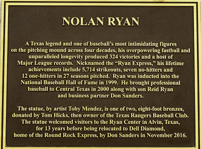 Plaque accompanying Nolan Ryan's statue. 
