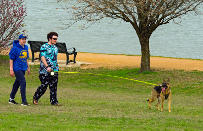 Two dudes walking a dog by the lake (3/16)