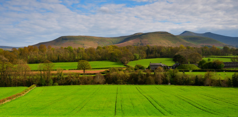 Allt Ddu, Pen Milan and Cilwhybert Farm and Motte from the side of the A470.
