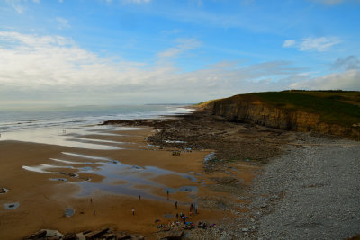 Busy beach from the cliff top.
