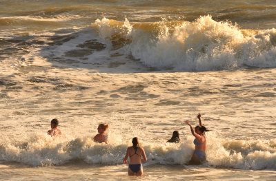 Braving the cold Bristol Channel at Dunraven Bay.