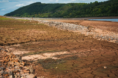Drought conditions at Talybont Reservoir.