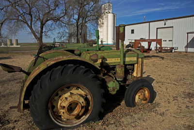 Old John Deere Tractors and the Aline, Oklahoma Grain Elevator.