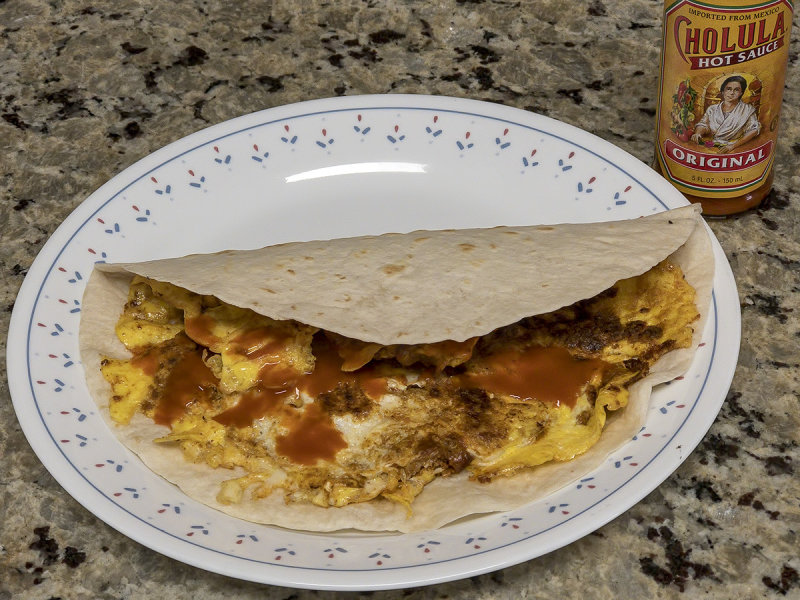 5/18/2020  Eggs and Chorizo in a flour tortilla