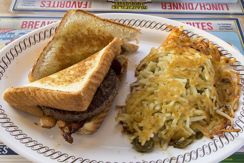 Texas Bacon Patty Melt with Hashbrowns and Spicy Jalapeno Peppers