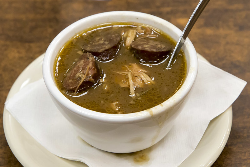 A cup of Al-T's Chicken and Sausage Gumbo