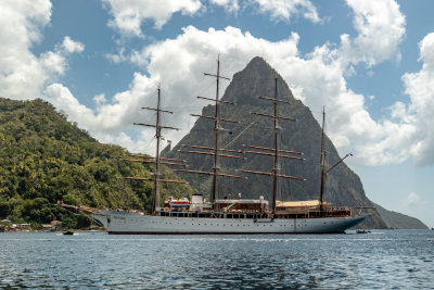 Sea Cloud anchored in front of St. Lucia's Pitons