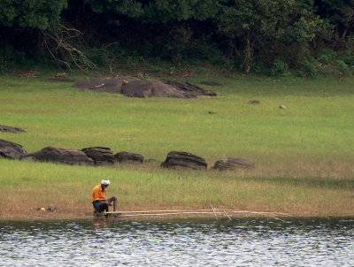 Busy man beside a lake