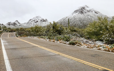 Gates Pass Road with Golden Gate Butte on the right in Tucson Mountain Park