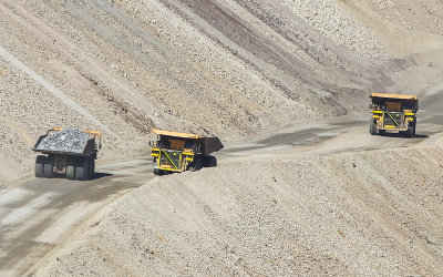 Haul trucks on a haul road in the ASARCO Copper Mine