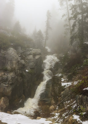 Waterfall raging in the fog next to CA 190 in Giant Sequoia NM - South