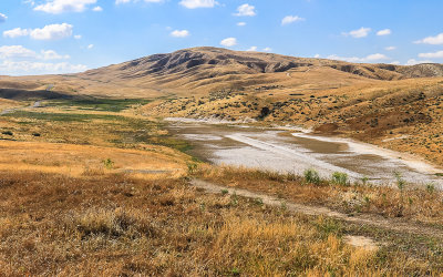 Salt-encrusted pond along the San Andreas Fault near the south entrance to Carrizo Plain National Monument