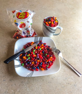 Dinner at home in the RV after a visit to the Jelly Belly Factory