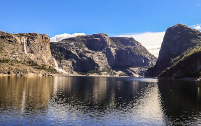 Tueeulala and Wapama Falls over the reservoir in the Hetch Hetchy Valley of Yosemite NP 