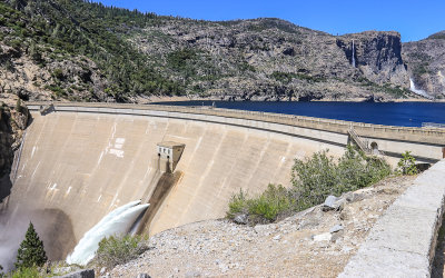 OShaughnessy Dam with Tueeulala and Wapama Falls in the distance in the Hetch Hetchy Valley of Yosemite NP