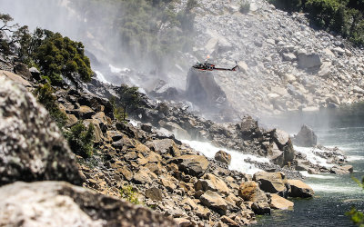 Search and Rescue Helicopter at the base of Wapama Falls in the Hetch Hetchy Valley of Yosemite NP