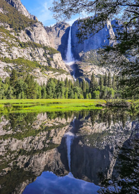 Yosemite Falls mirrored in a pool of water in Cooks Meadow in Yosemite National Park