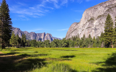 Westward view of the Cathedral Peaks over Cooks Meadow in Yosemite National Park