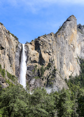 Bridalveil Falls and Leaning Tower (5,900 ft.) in Yosemite National Park
