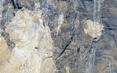 Two climbers on the granite face of El Capitan in Yosemite National Park