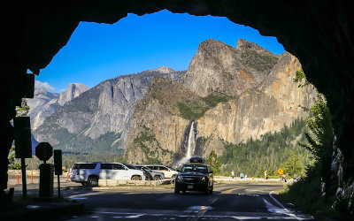 View driving out of the Wawona Tunnel in Yosemite National Park
