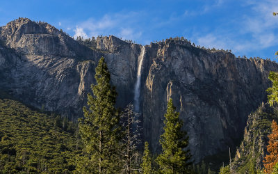 Ribbon Falls in late afternoon from the park road in Yosemite National Park