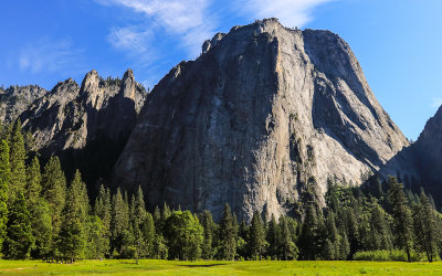 The Cathedral Rocks over a meadow in Yosemite National Park