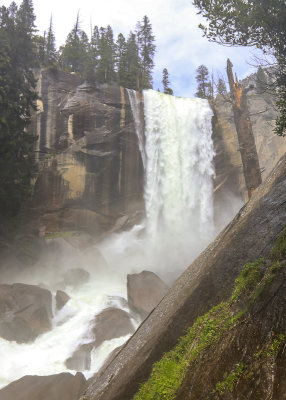 Spray clouds the area around Vernal Falls from the Mist Trail in Yosemite National Park