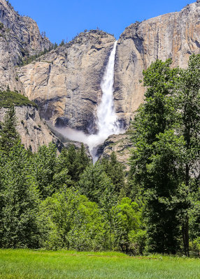Upper Yosemite Falls from across Cooks Meadow in Yosemite National Park