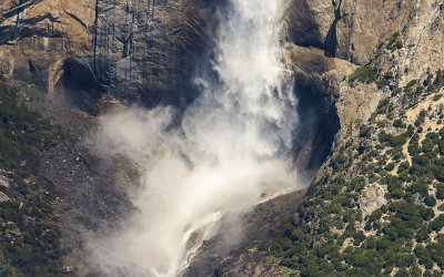Close up of the terminus of Upper Yosemite Falls from along the Pohono Trail in Yosemite National Park