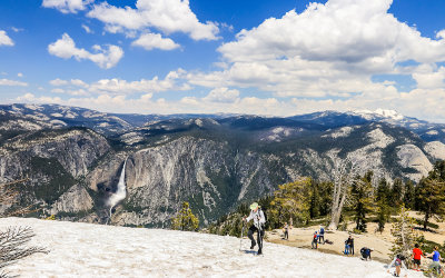 Yosemite Falls and Mount Hoffman (10,850 ft.) as seen from on top of Sentinel Dome in Yosemite National Park