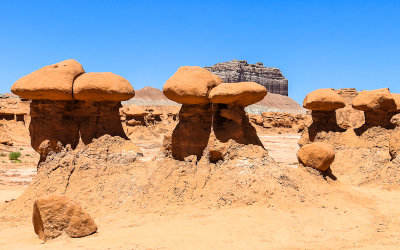 Sculpted geologic formations with Wild Horse Butte in the background in Goblin Valley State Park