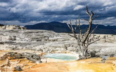 Dark clouds over the Main Terrace at Mammoth Hot Springs in Yellowstone National Park